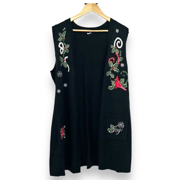 Unbranded Open Cardigan Vest Christmas Embroidered Black Cardinals Women's M - Picture 1 of 8